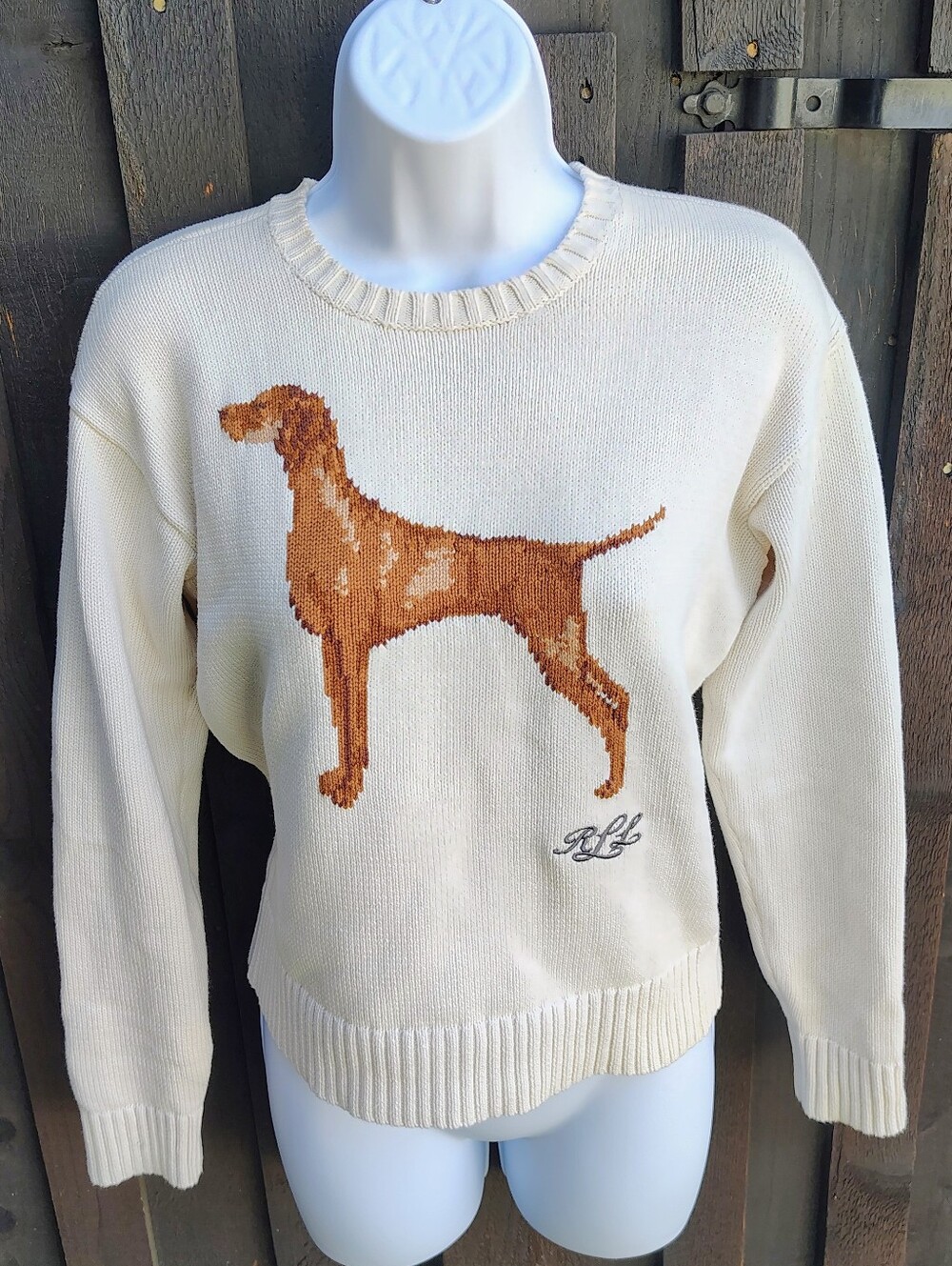 Women's Ralph Lauren Ivory Sweater with Brown Dog Intarsia